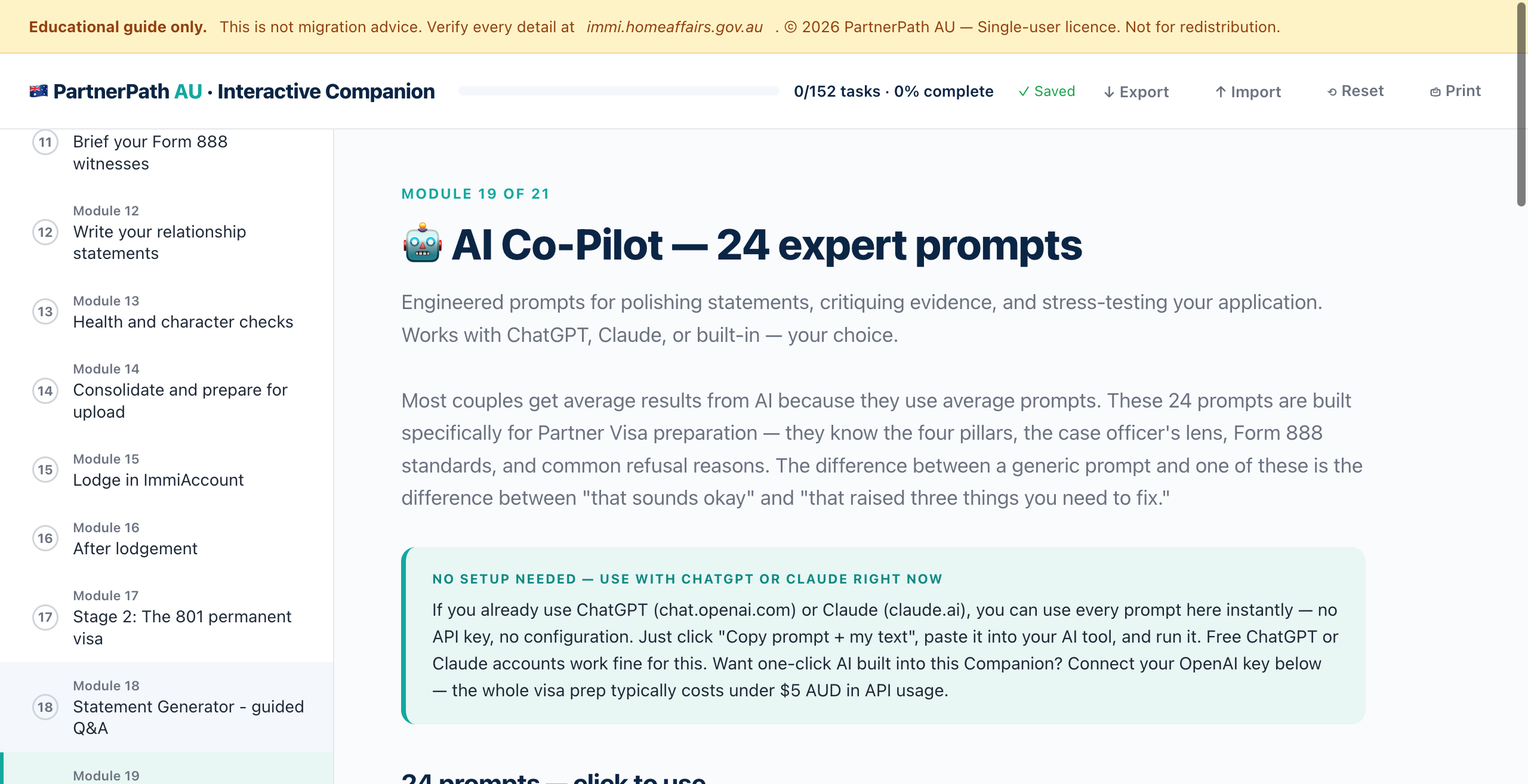 AI Co-Pilot module - 24 prompts engineered for partner visa work